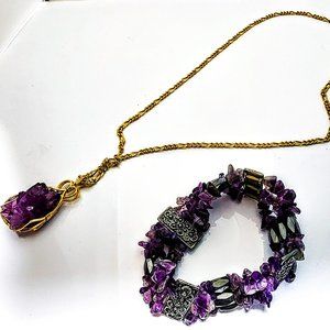 Vintage Amethyst Crystal Pendant Necklace & Chunky Bracelet Set